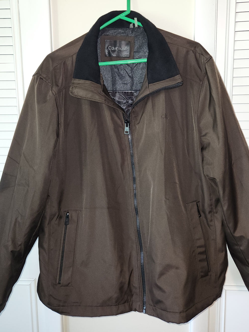 Calvin Klein Men's Dark Brown Lightweight Zip Jacket with Black Collar